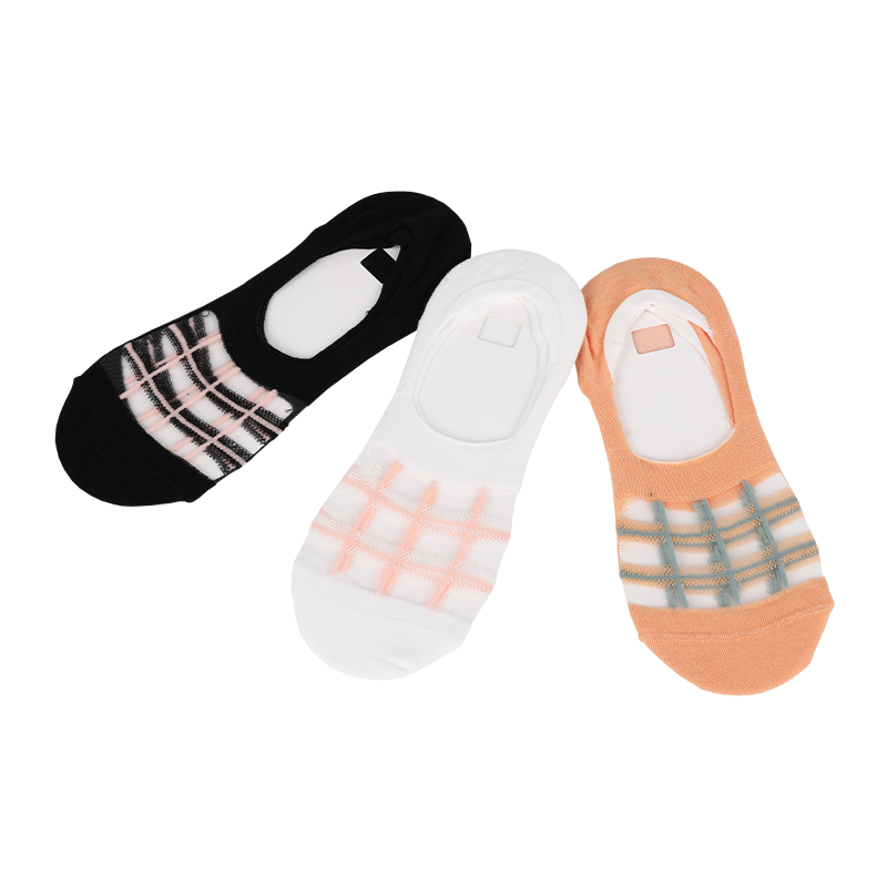 OEM dames jacquard nieuwigheid transparant geruit patroon onzichtbare boot no-show naadloze sokken met antislip siliconen binnenkant van de hiel